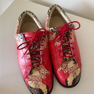 ICON Red Floral Leather Lace-Up Sneakers with Multicolor Art Print